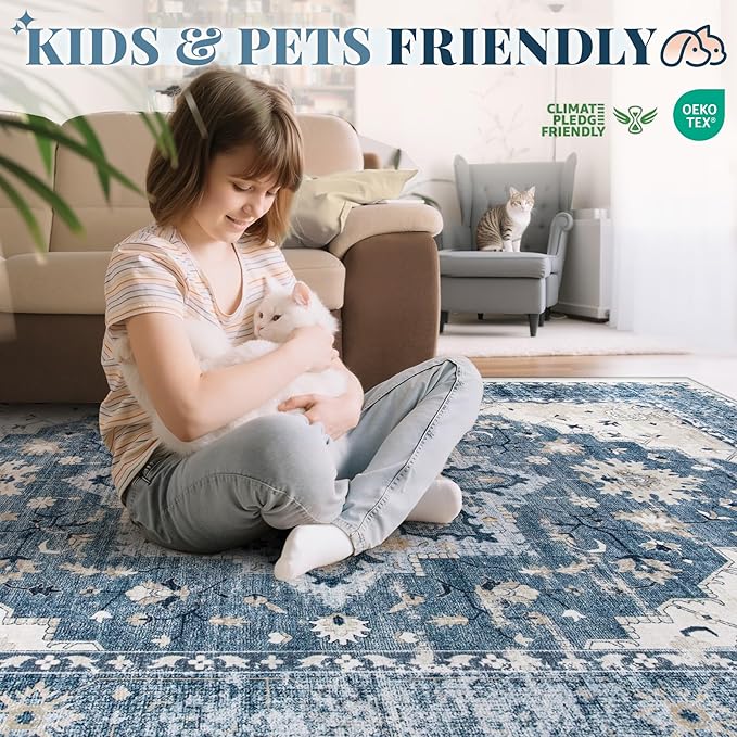 Area Rug 9x12 Vintage Rug: Large Washable Indoor Medallion Rugs Low Pile Distressed Floor Carpet Retro Accent Rug for Living Room Bedroom Kitchen Dining Table Home Office(Blue, 9'x12')