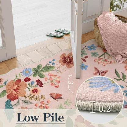 Lahome Floral Pink Rugs for Entryway, 2X3 Washable Kitchen Rug Non Slip, Ultra-Thin Indoor Door Mat Stain Resistant Boho Small Carpet for Bathroom Bedroom Flore (2x3ft,Light Pink)