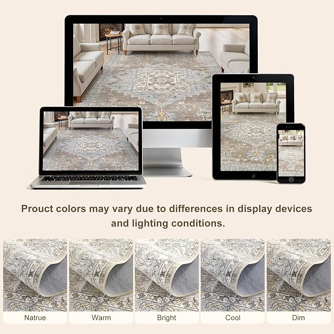 10x12 Washable Area Rugs for Living Room: Non Slip Vintage Brown Gray Rug, Large Soft Stain Resistant Indoor Floor Carpets for Bedroom Dining Room Nursery Home Office Kid & Pet Friendly