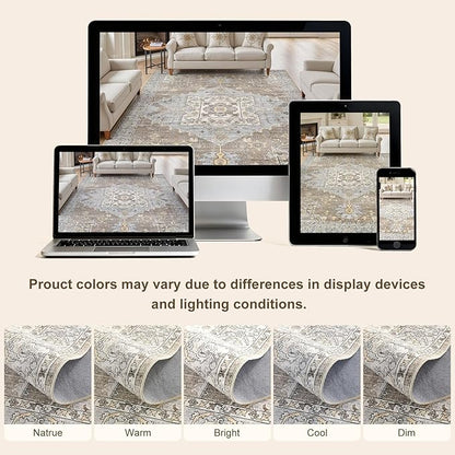10x12 Washable Area Rugs for Living Room: Non Slip Vintage Brown Gray Rug, Large Soft Stain Resistant Indoor Floor Carpets for Bedroom Dining Room Nursery Home Office Kid & Pet Friendly