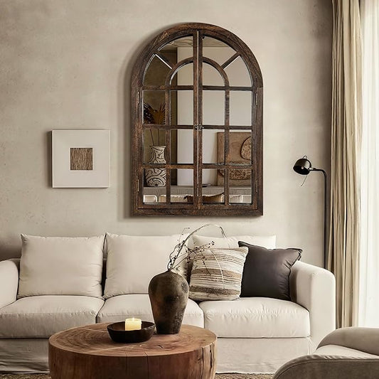 Arched Wall Mirror with Wood Window Frame, 38x26 Vintage Rustic Arch Farmhouse Mirror for Wall, Living Room, Bedroom, Entryway(Brown)