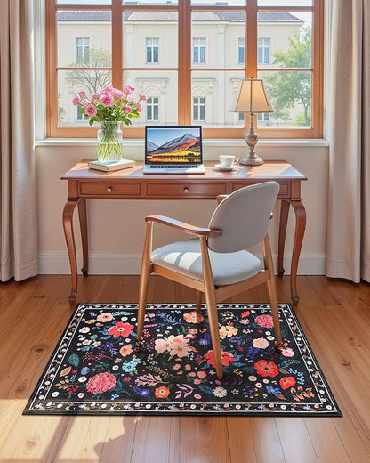 Macgace 2x3 Small Floral Rug for Entryway, Flowers Printed Washable Rugs with Non Slip Backing for Girls Bedroom Kitchen, Cute Throw Carpet Front Door Entry Decor, Black