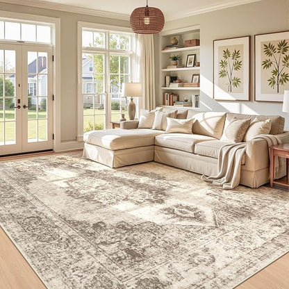 Area Rug 9x12 Vintage Rugs: Large Washable Indoor Medallion Rug Low Pile Distressed Floor Carpet Retro Accent Rugs for Living Room Bedroom Kitchen Dining Table Home Office(Taupe, 9'x12')