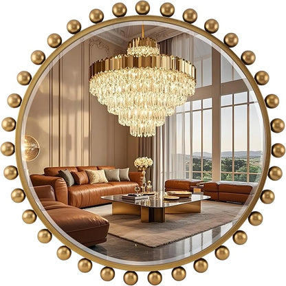 30 Inch Round Wall Mirror with Antique Gold Ball Frame, Beveled Decorative Round Accent Mirror, Vintage Gold Sunburst Style Mirror for Bedroom, Living Room, Entryway, Hallway & Wall Decor