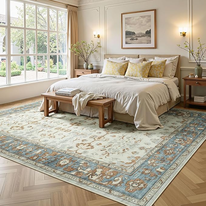 Lessymo Washable Area Rug for Living Room,8x10 Large Rugs with Non-Slip Backing,Soft Boho Carpets for Bedroom Dining Room Nursery Home Office,Light Brow