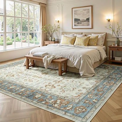 Lessymo Washable Area Rug for Living Room,8x10 Large Rugs with Non-Slip Backing,Soft Boho Carpets for Bedroom Dining Room Nursery Home Office,Light Brow