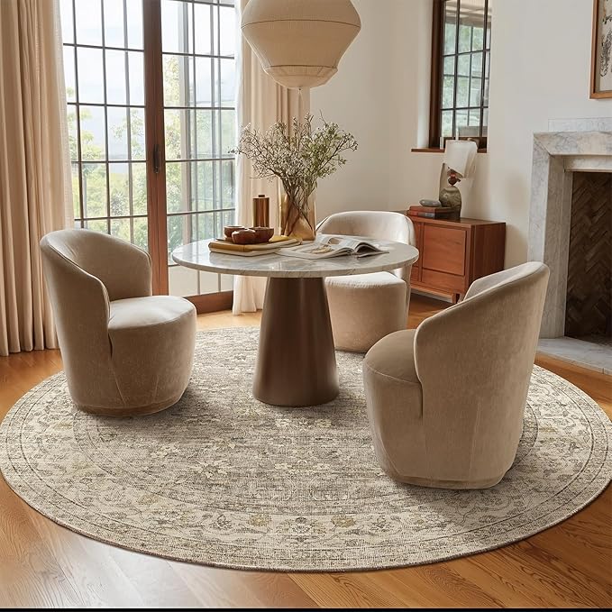 6ft Washable Round Rugs for Bedroom: Circle Living Room Rug Vintage Non Slip Low Pile Soft Faux Wool Non Shedding Boho Circular Rug for Kitchen Entryway Bathroom Bedside Office College Dorm Kids Room