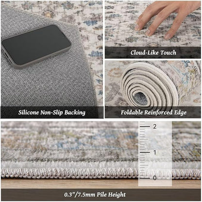Washable 6x9 Area Rugs for Living Room, Boho Non-Slip Vintage Distress Large Rugs for Bedroom Dining Room Nursery Office, 0.3" Neutral Oriental Throw Thin Carpet, Cream/Blue/Orange/Multi,A2