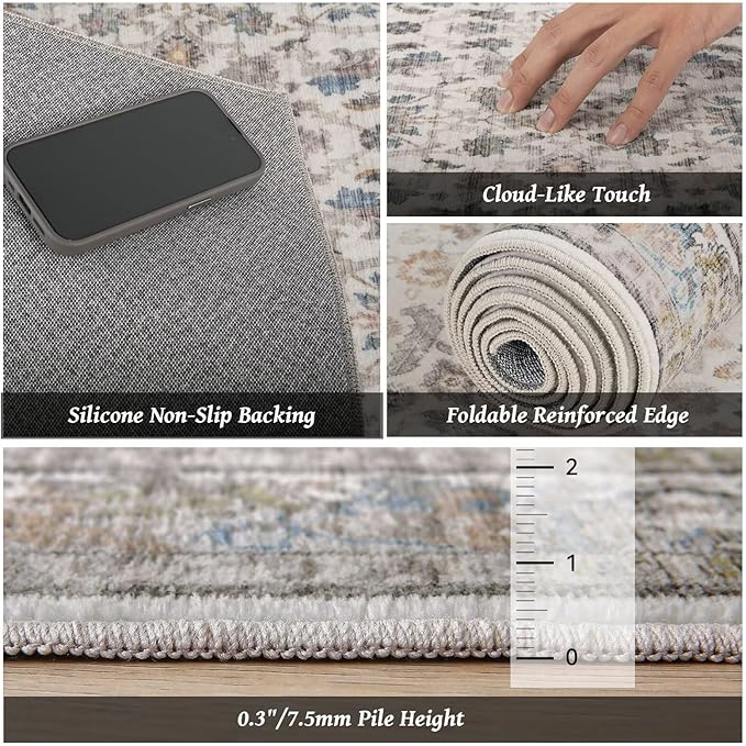 Washable 8x10 Area Rugs for Living Room, Boho Non-Slip Vintage Distress Large Rugs for Bedroom Dining Room Nursery Office, 0.3" Neutral Oriental Throw Thin Carpet,Cream/Blue/Orange/Multi,A2
