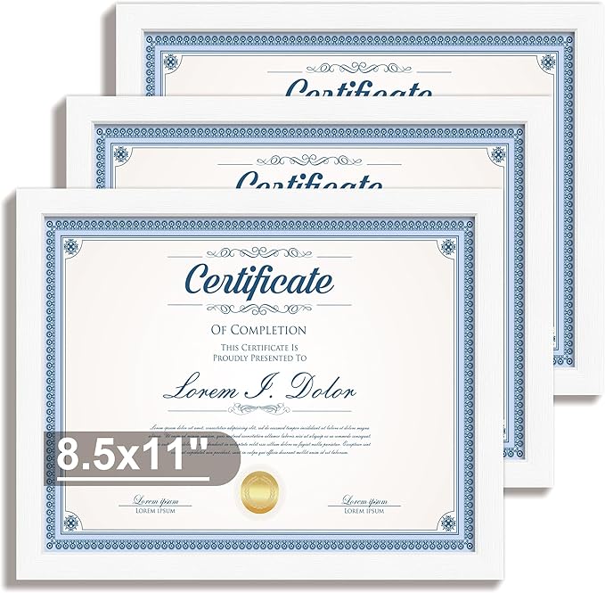 Hongkee 8.5x11 Diploma Frame with Tempered Glass, Multi Certificate 8.5 by 11 Photo Frame Bulk for Wall or Tabletop Display(White, 3 Pack)