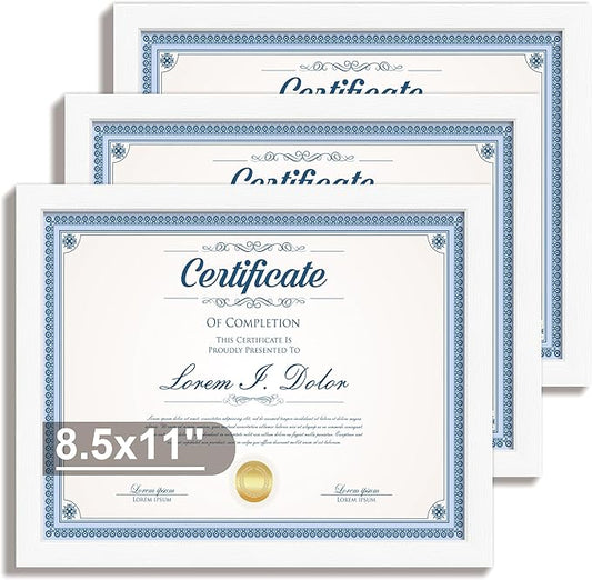 Hongkee 8.5x11 Diploma Frame with Tempered Glass, Multi Certificate 8.5 by 11 Photo Frame Bulk for Wall or Tabletop Display(White, 3 Pack)