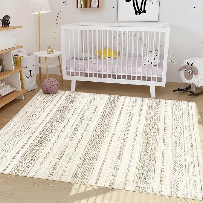 Nakagishi Area Rug Living Room Rugs: 3x5 Soft Machine Washable Boho Neutral Farmhouse Stain Resistant Moroccan Indoor Floor Carpet for Bedroom Nursery Kids Entryway Kitchen Entry Bedside Home- Brown