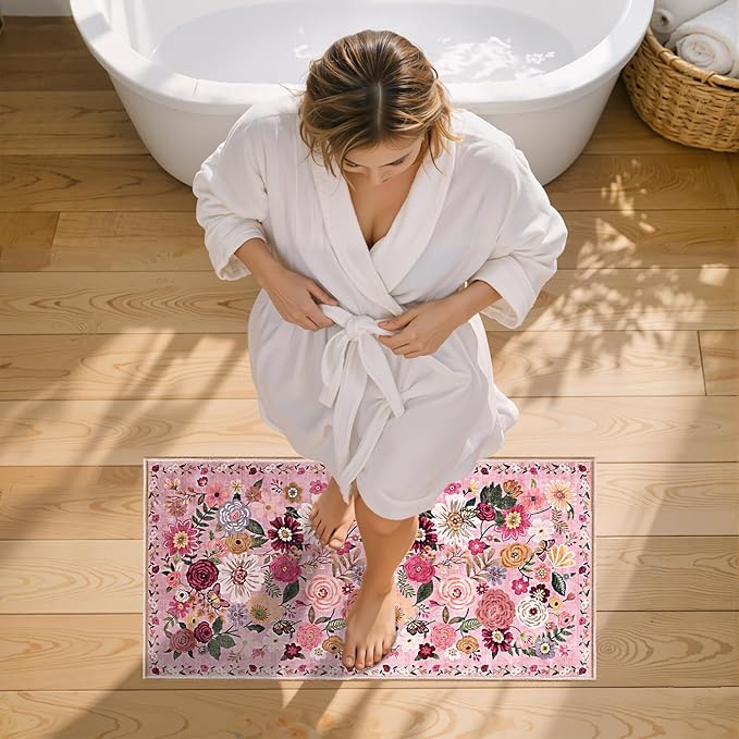 2x4 Entryway Runner Rugs, Non Slip Washable Rugs with Rubber Backing Soft Floral Carpet Runner for Kitchen, Laundry, Bedroom, Bathroom, Pink Garden, 2 x 4