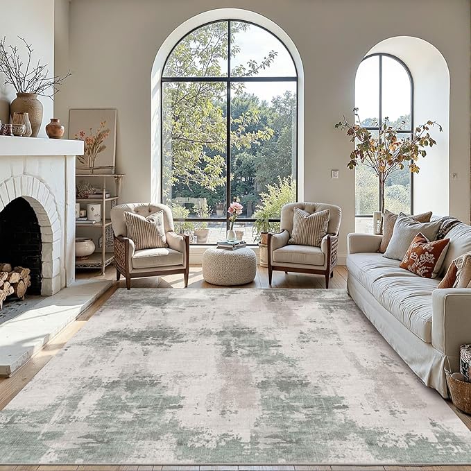 5x7 Area Rugs for Bedroom Living Room,Non-Slip Washable Modern Green Abstract Rugs for Dining Room, Foldable Thin Indoor Carpet Stain Resistant(Grey Green)