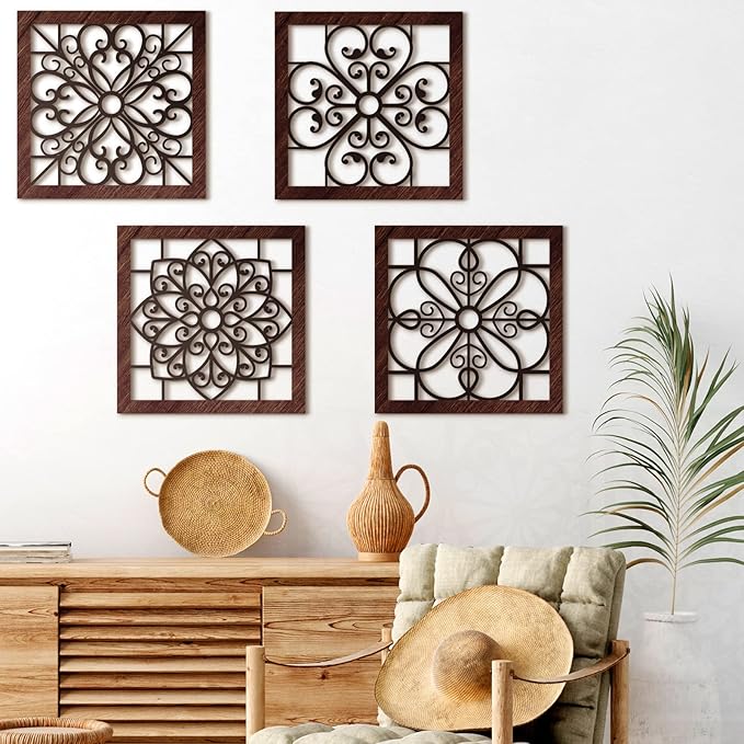 Yulejo 4 Piece Thicken Rustic Wall Decor - Wooden Hollow Carved Design Rustic Wall Art for Living Room, Bedroom, Hallway, Office, Kitchen (Brown, Black)