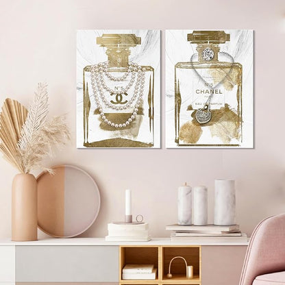 2 pieces Vintage Perfume Bottle Canvas Wall Art Modern Luxury Posters Print Fashion Glam Poster Picture for Bedroom Make up Room Home Decor 16"x24"(40x60cm)