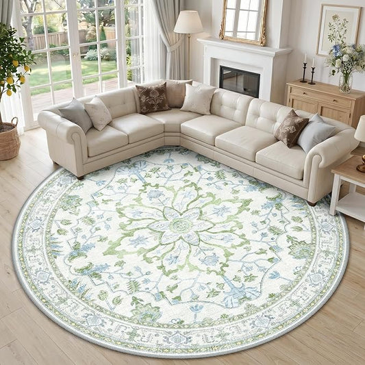RELEANY Area Rugs Round 10ft Washable Non-Slip, Floral Vintage Distress Print Pattern Medallion Carpet for Living Room Bedroom Dining Room, Green White Blue