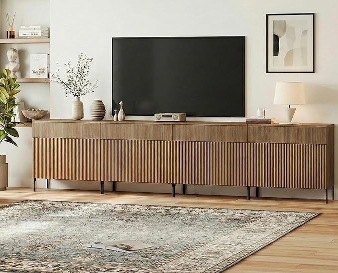 WAMPAT Large Fluted TV Stand TVs up to 120 inch, 126" W Modern TV Entertainment Center with Storage and 4 Drawers & 8 Doors, Wood Media TV Console Table with Storage for Living Room, Light Walnut