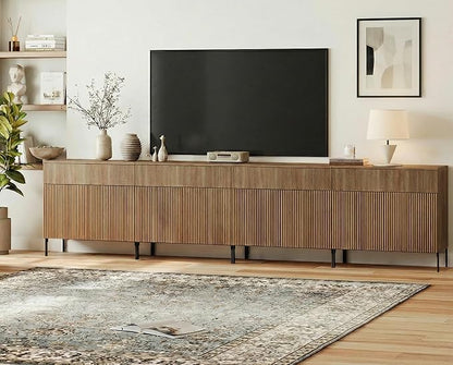 WAMPAT Large Fluted TV Stand TVs up to 120 inch, 126" W Modern TV Entertainment Center with Storage and 4 Drawers & 8 Doors, Wood Media TV Console Table with Storage for Living Room, Light Walnut