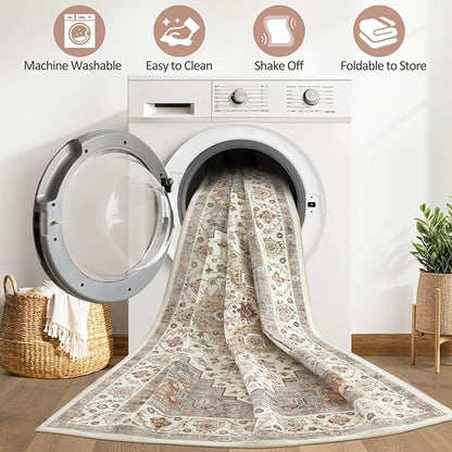 9x12 Area Rug Living Room: Washable Boho Large Neutral Vintage Soft Rugs Stain Resistant Farmhouse Non-Slip Indoor Floor Carpet for Bedroom Nursery Kids Playroom Office Dining Room- Orange Beige