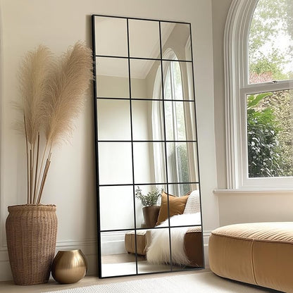 Delma Full Length Mirror, 30"x 70" Window Pane Decorative Mirror for Wall, Black Metal Framed Wall Decor, Wall Mounted, Hanging or Leaning for Bedroom, Living Room, Entryway