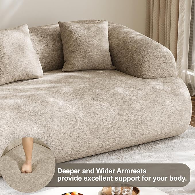91" Boneless Couch,Cloud Couch,Chenille Curved Sofa with 3 Seater and 3 Pillows, Modern Compression Sofa for Living Room, Bedroom and Apartment, No Assembly Required, Light Brown