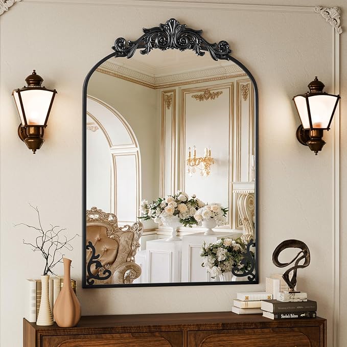 Koonmi Vintage Mirror, 24x36 Antique Barolon Bathroom Mirror for Wall,Flower Head, Shatter-Proof Tempered Glass, Arched Ornate Mirrors for Bedroom Bathroom Entryway Fireplace Hallway