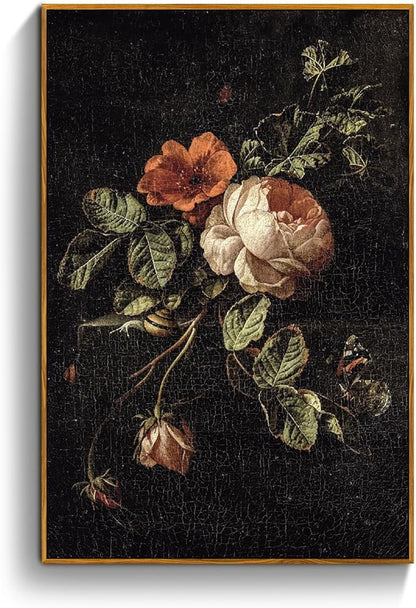 crmotu Large Framed Wall Art, Still Life Rose Canvas Prints, Botanical Floral Vintage Oil Paintings, Dark Academia Flower Pictures Wall Decor Living Room Bedroom Bathroom, Kitchen Decorations 24x36in