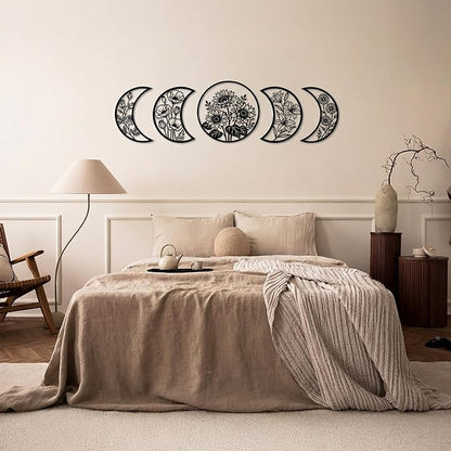 Sanwarm 5 Pieces Metal Wall Decor, Floral Moon Celestial Metal Wall Art Sunflower Witchy Black Hanging Decoration for Home Bathroom Living Room Bedroom Garden Office Housewarming Gifts