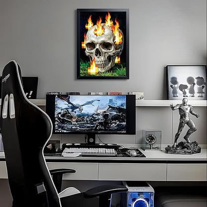 Burning Skull Wall Art, Gamer Style Wall Decor, With Pixel Fire Skull Canvas Print, Boys Room Decor, Dark Gothic Horror Painting Poster for Bedroom Game Room 12x16 Inch Wood Framed