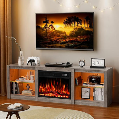 Kucreiheat 70'' TV Stand with 23'' Fireplace-Entertainment Center with LED Light for 75 inch TV-Grey Fireplace Stand with Adjustable Glass Shelves, Modern TV Console for Living Room/Bedroom