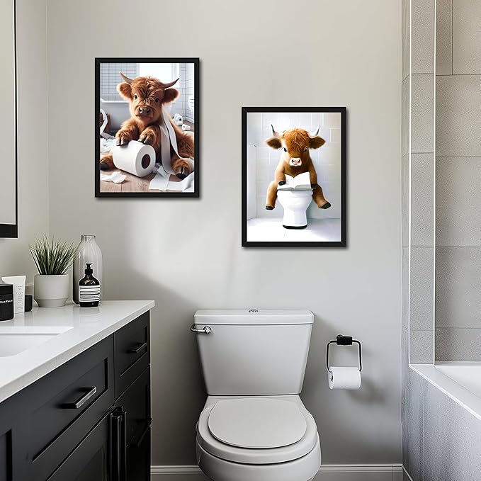 Highland Cow Bathroom Decor Set of 3, Funny Brown Cute Highland Cow Wall Art Paintings, Vintage Rustic Farmhouse Canvas Pictures Posters Prints for Bathroom, Restroom Black Wood Framed 12x16 Inch