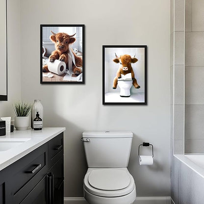 Highland Cow Bathroom Decor Set of 3, Funny Brown Cute Highland Cow Wall Art Paintings, Vintage Rustic Farmhouse Canvas Pictures Posters Prints for Bathroom, Restroom Black Wood Framed 12x16 Inch