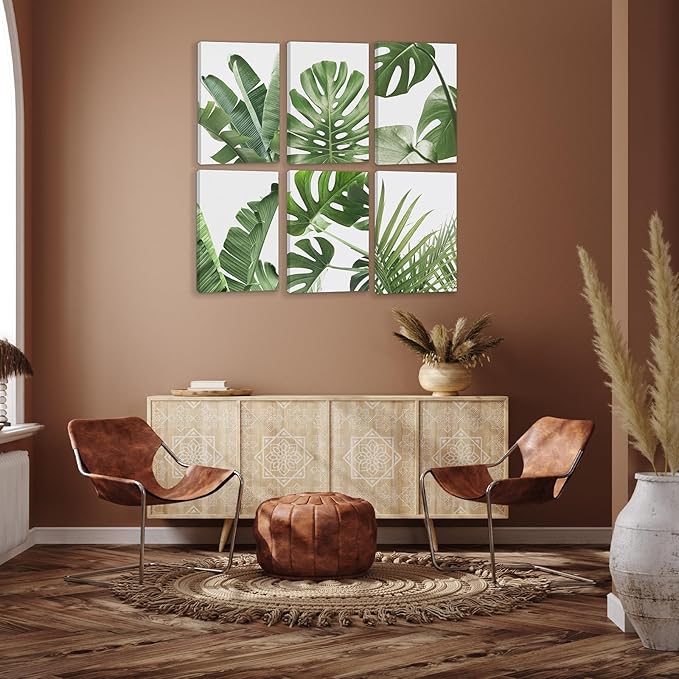 HoozGee Framed Botanical Wall Art Prints Built-in Wooden Frame Tropical Leaves Canvas Plant Leaf Boho Pictures Green Art Posters for Bedroom Living Room (24"x36" FRAMED)