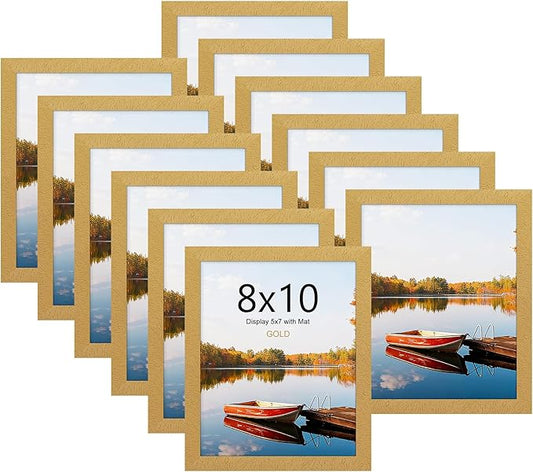 Picrit 8x10 Picture Frame Set of 12, Display 5x7 with Mat or 8x10 without Mat, Photo Frames for Wall Mounting or Table Top Display, Gold