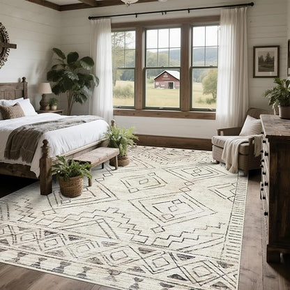 Srugn Washable Rugs 8x10 Area Rugs for Living Room,Bedroom,Dining Room- Large Ultra Soft Faux Wool Retro Carpet,Non Slip&Non-Shedding Low Pile Morocco Rug for Farmhouse Home Office Dorm(Beige-Brown)