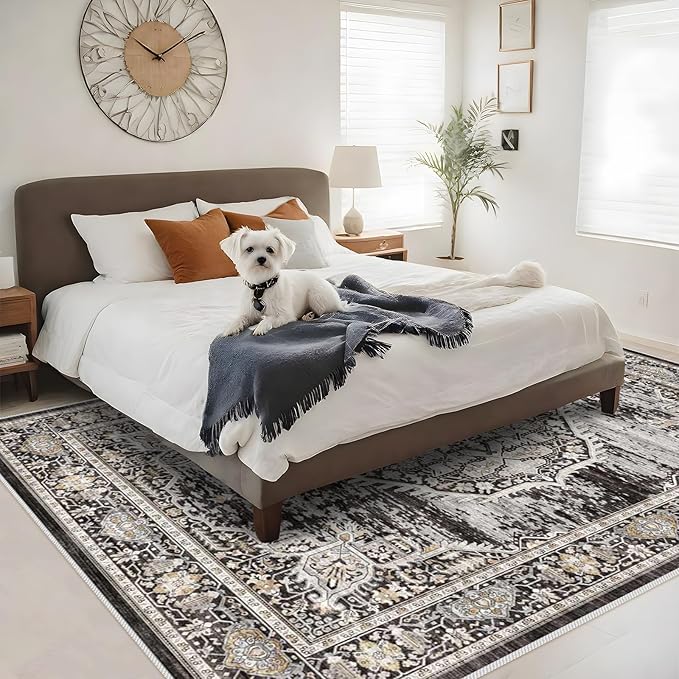 8x10 Rug Washable Area Rugs: Large Soft Living Room Rug - Distressed Stain Resistant Floor Carpet - Machine Washable Foladable Low Pile Area Rugs 8'x10' Black