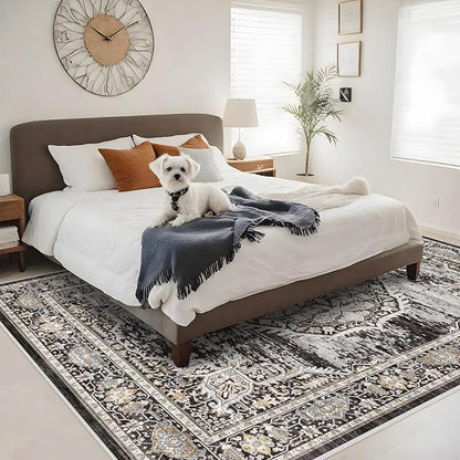 8x10 Rug Washable Area Rugs: Large Soft Living Room Rug - Distressed Stain Resistant Floor Carpet - Machine Washable Foladable Low Pile Area Rugs 8'x10' Black