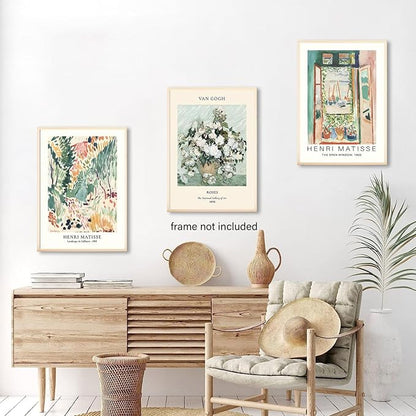 LYPHNX Sage Green Matisse Poster Wall Art Vintage Abstract Floral Prints Set of 3 Mid Century Aesthetic Flower Artwork Painting Picture Canva Decor for Living Room Bedroom Bathroom 16"x24" Unframed