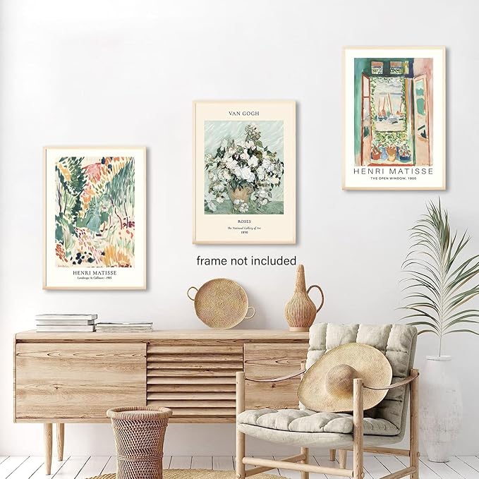 LYPHNX Sage Green Matisse Poster Wall Art Vintage Abstract Floral Prints Set of 3 Mid Century Aesthetic Flower Artwork Painting Picture Canva Decor for Living Room Bedroom Bathroom 12"x16" Unframed