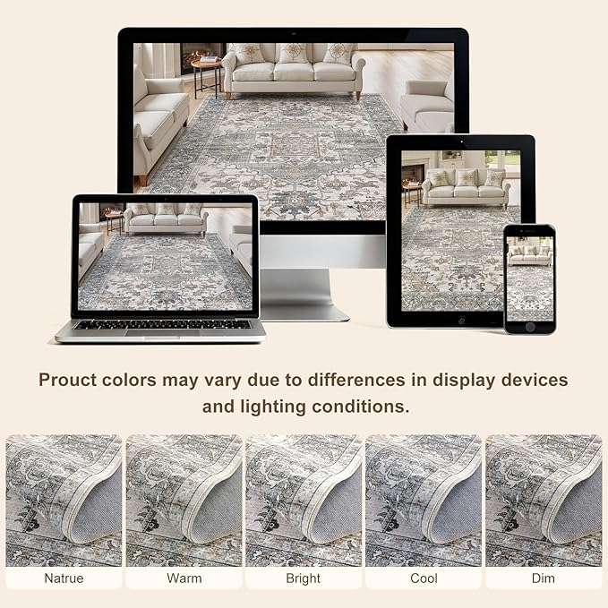 5x7 Washable Area Rugs for Living Room: Non Slip Vintage Gray Brown Rug, Large Soft Stain Resistant Indoor Floor Carpets for Bedroom Dining Room Nursery Home Office Kid & Pet Friendly