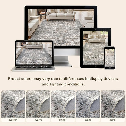10x14 Washable Area Rugs for Living Room: Non Slip Vintage Gray Brown Rug, Large Soft Stain Resistant Indoor Floor Carpets for Bedroom Dining Room Nursery Home Office Kid & Pet Friendly