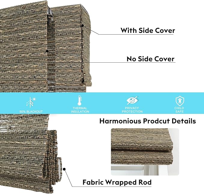 Motorized Bamboo Roman Blinds with Remote, Woven Roman Shades Compatible with Alexa Google Home, Automatic Bamboo Blind for Indoor Windows CustomSize(Woodland Smoke)