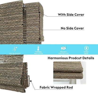 Motorized Bamboo Roman Blinds with Remote, Woven Roman Shades Compatible with Alexa Google Home, Automatic Bamboo Blind for Indoor Windows CustomSize(Woodland Smoke)