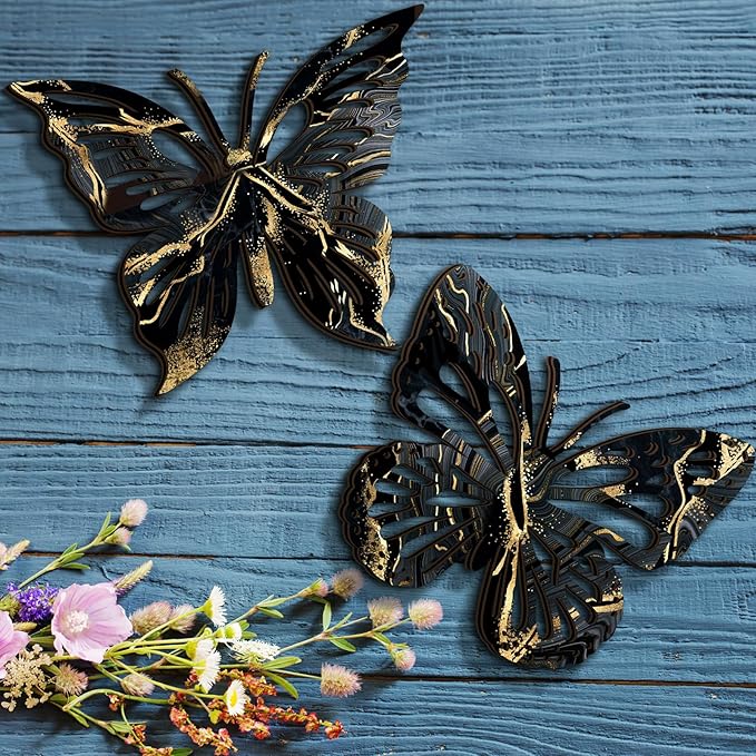Qunclay 4 Pcs Wooden Butterfly Wall Decor Large Butterfly Wall Art Boho Home Hanging Modern Sculpture Decorations Modernist Signs for Living Room Bathroom Yard Gallery Indoor Outdoor(Black, Gold)