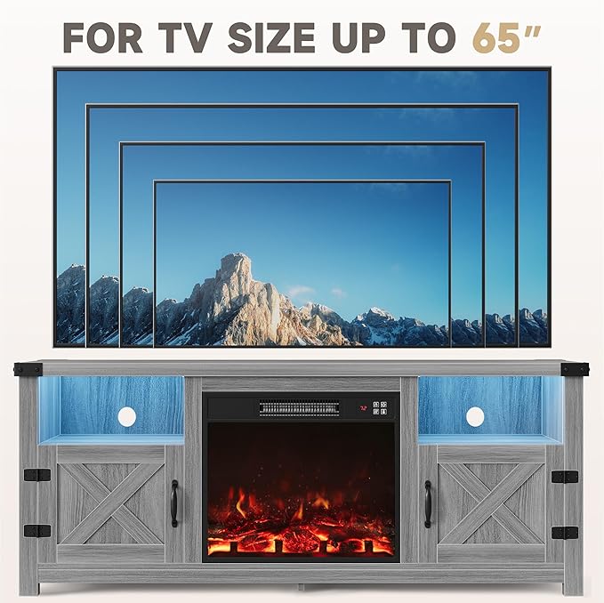 Furmax LED Entertainment Center with Fireplace, Fireplace TV Stand with Storage Cabinets and 2 Open Shelves, Modern Media TV Console for Living Room (Light Grey)