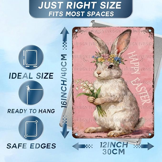 Happy Easter Bunny Metal Sign Pink Background Design Rustic Farmhouse Wall Art For Home Kitchen Garden Spring Decor 12x16Inch