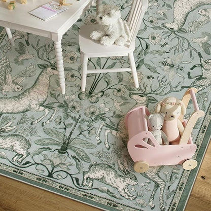 Lahome 6x9 Washable Deer Rug, Dorval Boho Botanical Cottage Area Rug, Non Slip Low Pile Soft Light Green Carpet for Living Room Dining Room Bedroom Kitchen Nursery Decor