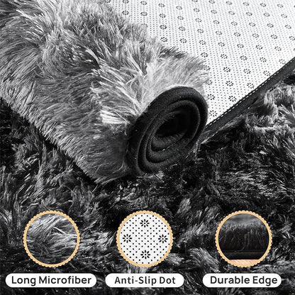 Shaggy Soft Fluffy Rug Non-Slip Indoor Floor Carpet for Living Room Anti-Skid Indoor Carpet Tie-Dyed Black Grey 5x7 Feet