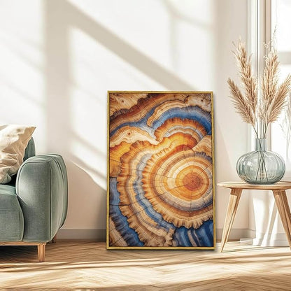 BingruiArt Large Framed Tree Ring Wall Art Wood Canvas Colorful Boho Wall Decor Rustic Artwork Abstract Painting Farmhouse Picture Nature Print for Living Room Bedroom Bathroom 24"x36" Natural Framed(09)